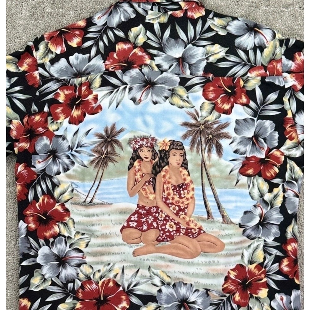 Vintage 90s Kennington Hawaiian Shirt Mens M Hula Girl Rayon Aloha Hibiscus